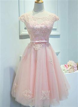 Picture of Adorable Pink Knee Length Party Dresses, Lace Applique Cute Homecoming Dresses